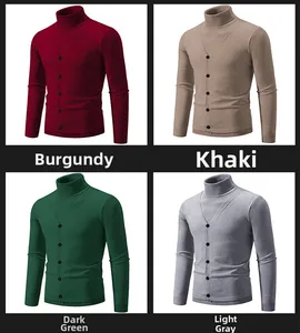 Detailed grid view of turtleneck knits in wine red, khaki, dark green, and light grey