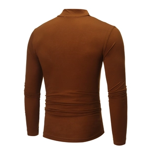 Rear view of brown slim fit long sleeve turtleneck t-shirt for men with knitted texture