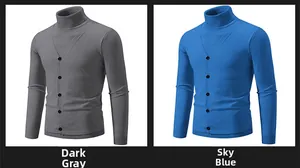 Detail of men's turtleneck mock two-piece knit sweater in dark grey and sky blue colors