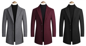 Détails du manteau long en laine pour homme en gris, bordeaux et noir pour l'hiver