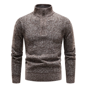 Men's slim fit half-zip high collar knit sweater in mottled dark brown and cream