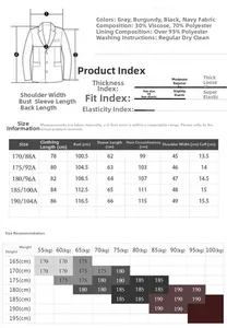Tableau des tailles détaillé pour manteau homme avec infos tissu et mesures