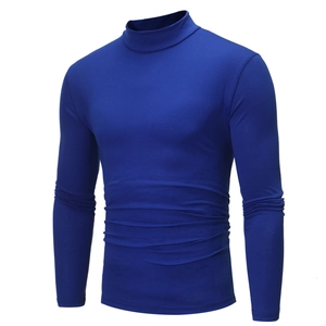 Detailed view of royal blue mock neck slim fit long sleeve t-shirt fabric and collar