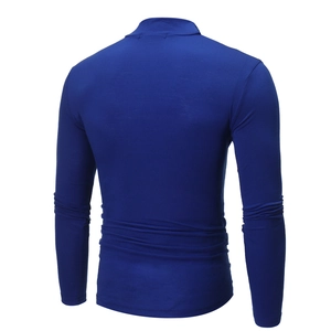 Rear view of slim fit navy blue long sleeve mock neck t-shirt with visible seam detail