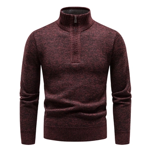 Men's half-zip fleece knit sweater in wine red heather with ribbed stand-up collar
