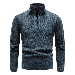 Men's half-zip knit sweater in dark blue and grey marl with textured stand collar