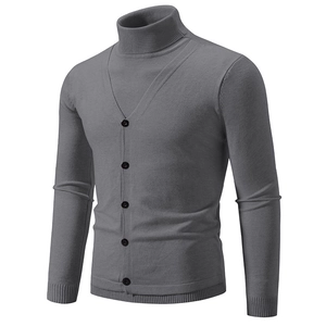 Men's dark grey slim fit mock neck sweater with stylish layered two-piece design