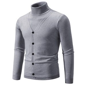 Men's light grey mock neck faux two-piece knit sweater in slim fit business style