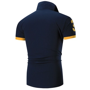 Rear view of navy men's polo shirt with yellow number 3 embroidery on the sleeve