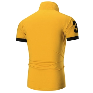 Back view of yellow men's polo shirt with black contrast trim and number 3 embroidery
