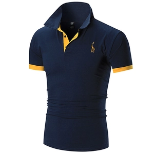 Detail of navy blue polo shirt featuring yellow contrast collar and giraffe embroidery