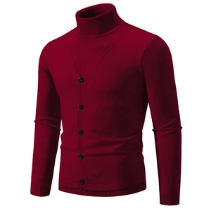 Men's slim fit turtleneck knit sweater in burgundy with mock buttoned cardigan design