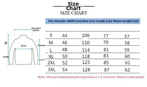 Detailed size chart for men corduroy shirt showing shoulder, bust, and length measurements