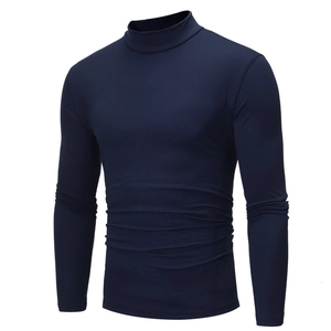 Slim fit dark blue men's mock neck long sleeve shirt for autumn and winter layering