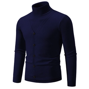 Men's navy blue faux two-piece turtleneck sweater with V-neck button cardigan design