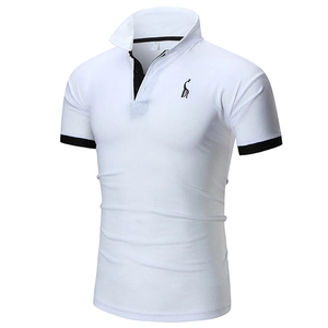Detail of white polo shirt featuring a black giraffe embroidery and contrast cuff trim