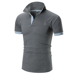 Detail of grey polo shirt featuring contrast grey collar trim and giraffe embroidery