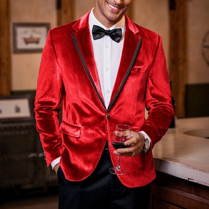 Men's slim fit red velvet blazer with black lapel for weddings and evening parties