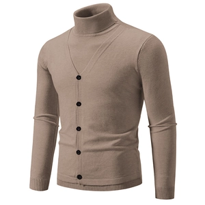 Men's khaki knit turtleneck mock layered sweater with button detail and ribbed cuffs