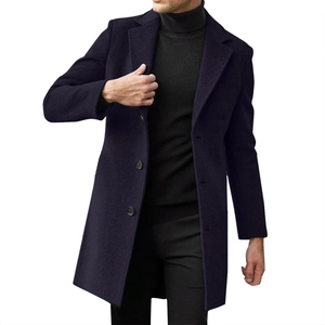 Men's single-breasted navy wool overcoat with notched lapel in business casual style