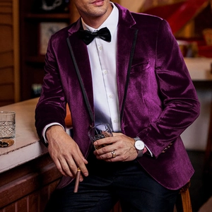 Slim fit deep purple velvet blazer for men with peak lapel and satin trim for wedding