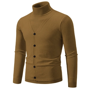 Men's brown mock neck knit sweater faux two-piece top with stylish buttoned collar