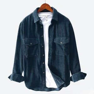 Men's dark green corduroy long sleeve shirt jacket with double chest pockets