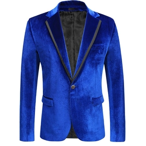 Slim fit royal blue velvet blazer for men featuring black contrast lapels and gold button