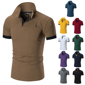 Men's slim fit cotton polo shirt with contrast cuffs and giraffe embroidery in ten colors
