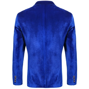 Rear view of royal blue velvet blazer for men featuring slim fit and gold buttons