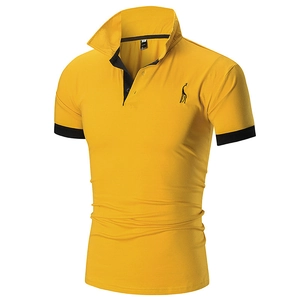 Men's bright yellow short sleeve Polo shirt with black contrast collar and giraffe logo
