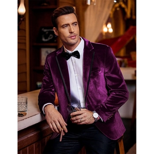 Slim fit heren blazer van paars fluweel met zwarte satijnen revers voor formele gelegenheid