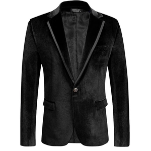 Slim fit black velvet blazer for men featuring peak lapel and single button closure