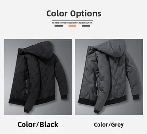 Detailweergave van winterparka's met capuchon in zwart en grijs met V-vormige stiksels