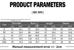 Size chart showing product parameters for men turtleneck fleece pullover sweatshirt