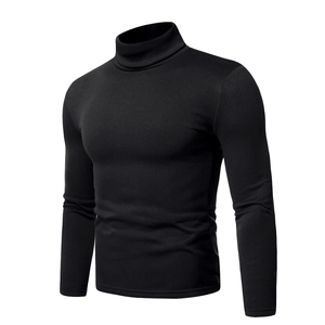 Detail of solid black men's turtleneck sweatshirt with fleece lining and slim fit design