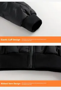Detail van de elastische geribbelde manchetten en zoom van de zwarte winterjas voor heren