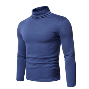 Detailed close-up of dark blue men's high neck fleece-lined long sleeve thermal top