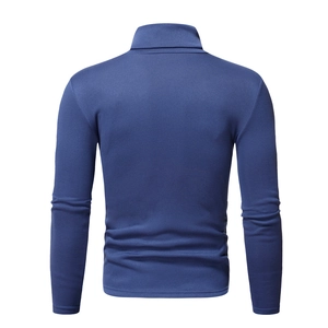 Rear view of a navy blue slim-fit men's high collar fleece sweatshirt showing fabric texture
