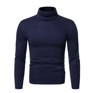 Detail showing the ribbed turtleneck and high-elastic knit texture of a navy blue sweater