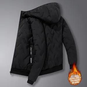 Heren winterjas met capuchon, zwart V-quiltpatroon en warme thermische fleecevoering
