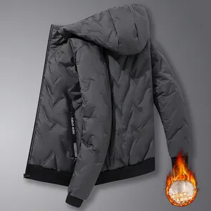 Heren winterjas met capuchon in donkergrijs met geometrische stiksels en winddichte manchetten