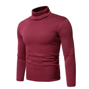Detail showing high-neck burgundy men's fleece-lined thermal shirt with soft texture