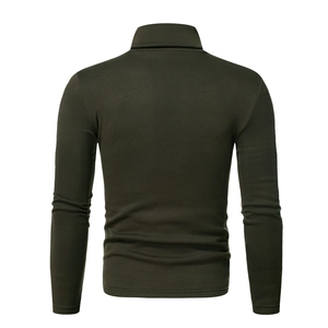 Detailed back view of a men's olive green slim-fit turtleneck sweater with knit texture