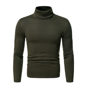 Close-up of military green men's turtleneck sweater showing high neck and knit texture