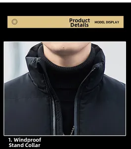 Detailoverzicht van heren winterjas met winddichte opstaande kraag en matzwarte stof
