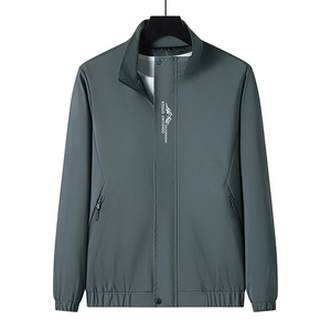Men's casual dark grey stand collar cargo jacket with mountain print and zip pockets