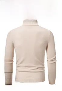 Detailed back view of men high neck striped knit sweater in beige with ribbing texture