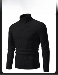 Detailed view of the geometric knit texture and ribbed cuffs on the black turtleneck sweater