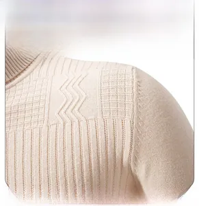 Close-up of beige turtleneck knit sweater showing shoulder texture and ribbing detail